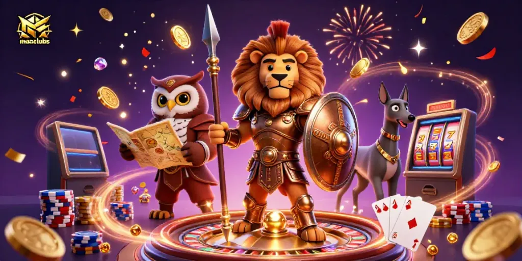 Spin for gold at manclubs: 3D cartoon lion, owl, and greyhound in an exciting casino scene.