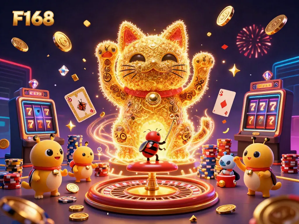 Experience F168's vibrant casino world with a dynamic lucky cat made from fireflies, surrounded by festive elements.