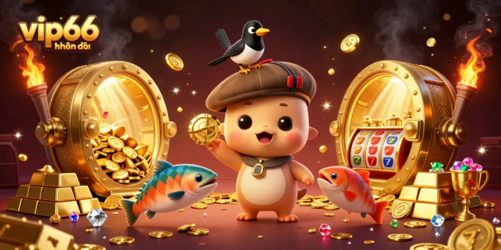 Experience the vibrant world of vip66 khuyến mãi with a fun 3D scene showcasing a cartoon Nessie and treasure.