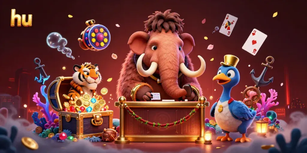 Engage in thrilling casino action with hu, featuring a woolly mammoth bouncer, saber-toothed VIP, and colorful elements.