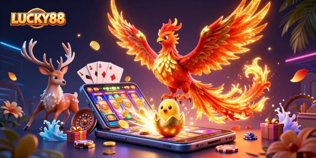 Experience exciting gameplay with LUCKY88, featuring a phoenix scene with casino elements, colorful slots, and poker cards.
