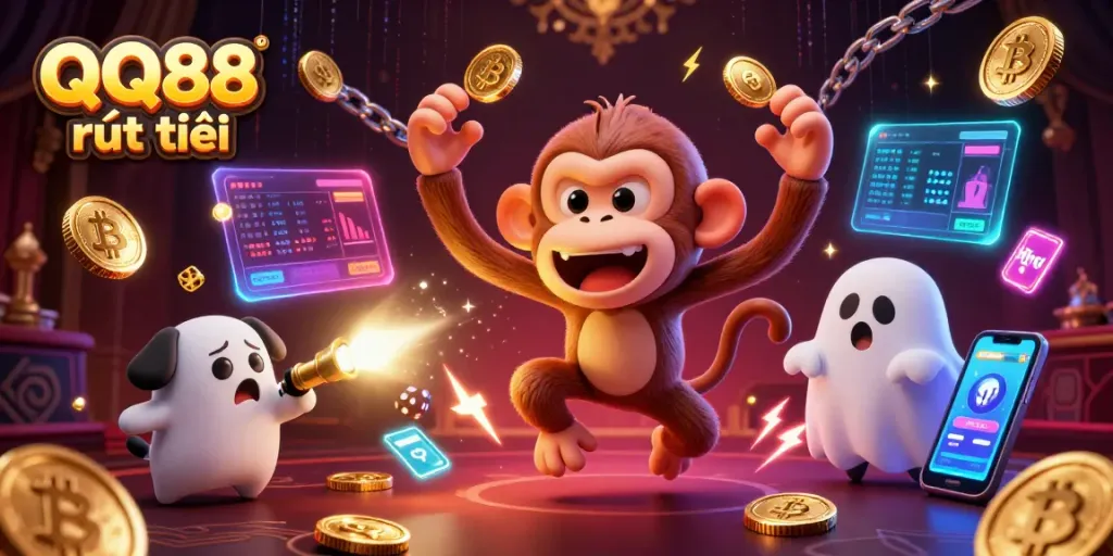 Experience the thrill of QQ88 rút tiền with a playful poltergeist monkey juggling gold in a vibrant casino.