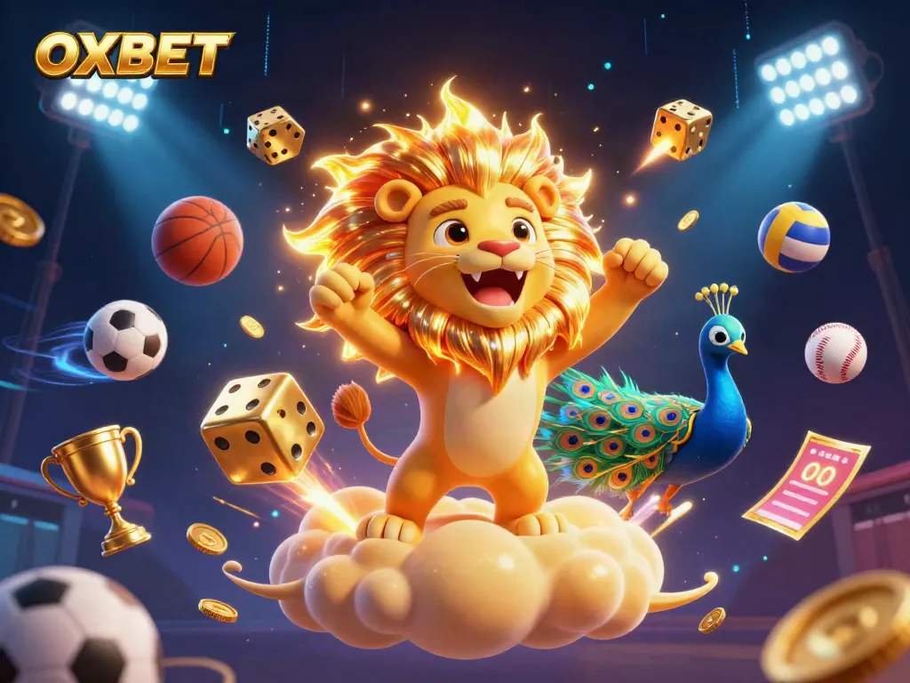 Experience the thrill of OXBET with a dynamic scene featuring roaring lion, sports balls, and vibrant casino elements.
