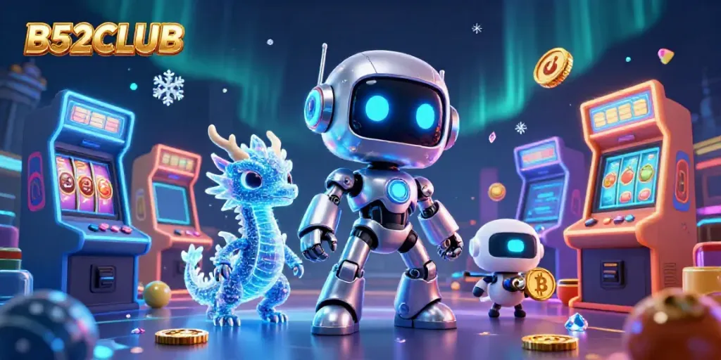 B52CLUB showcases an exciting casino scene with a futuristic mascot and vibrant gaming elements.