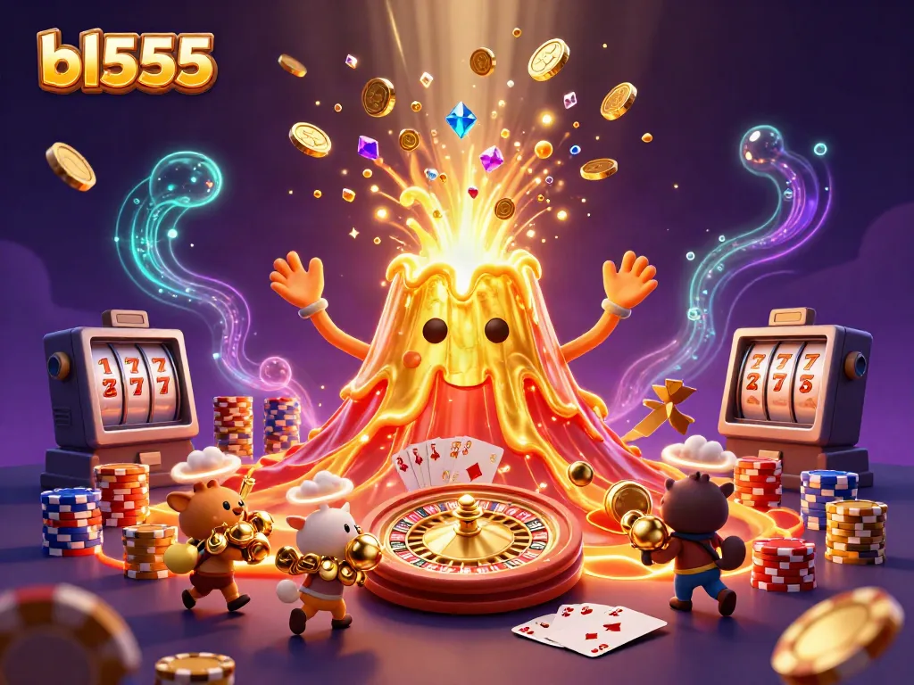 Experience thrilling gaming action with bl555, showcasing vibrant treasure elements and a golden volcano centerpiece.