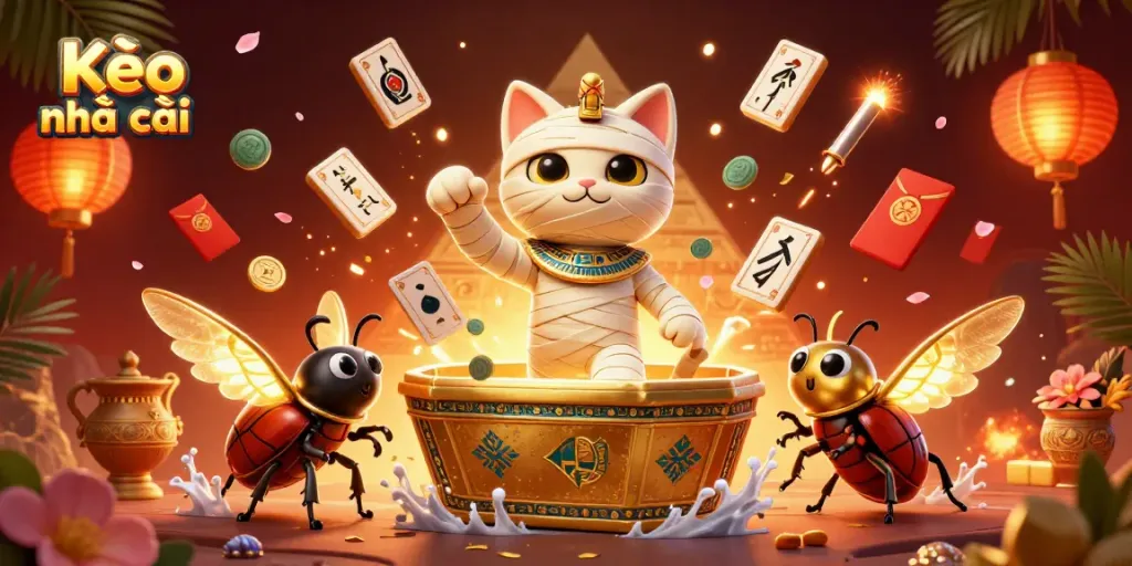 Engage with Kèo nhà cái in an entertaining pyramid casino scene featuring a mummy cat and gold elements.