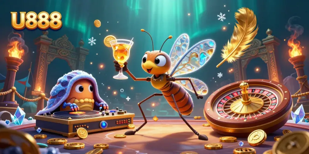 Experience the excitement of U888 with a vibrant, 3D casino scene featuring unique characters and game elements.