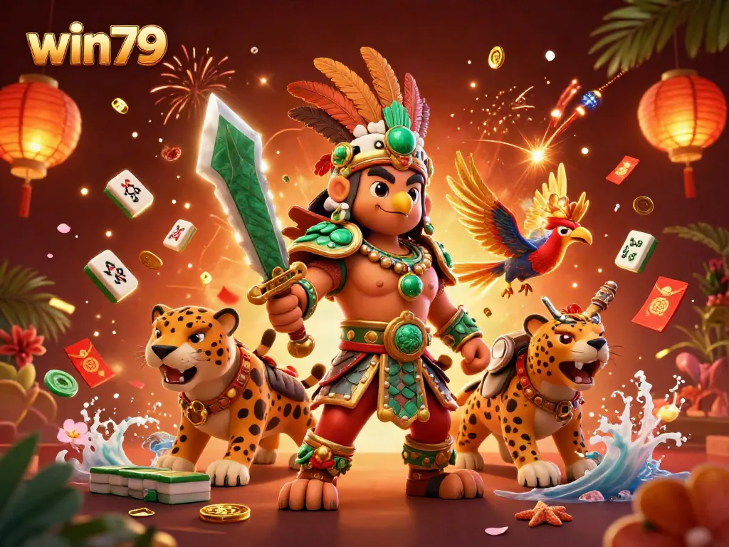 Win79 interactive gaming with Aztec warriors, jade coins, and vibrant symbols in 3D digital style.