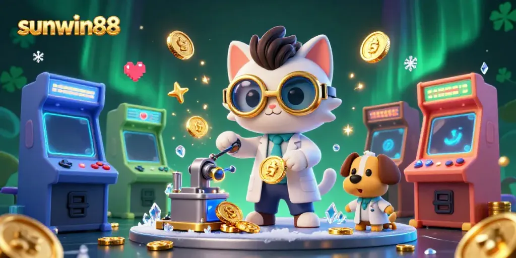 Engage with sunwin88 in a vibrant, electrifying casino-themed 3D scene featuring a mad scientist cat and assistant.