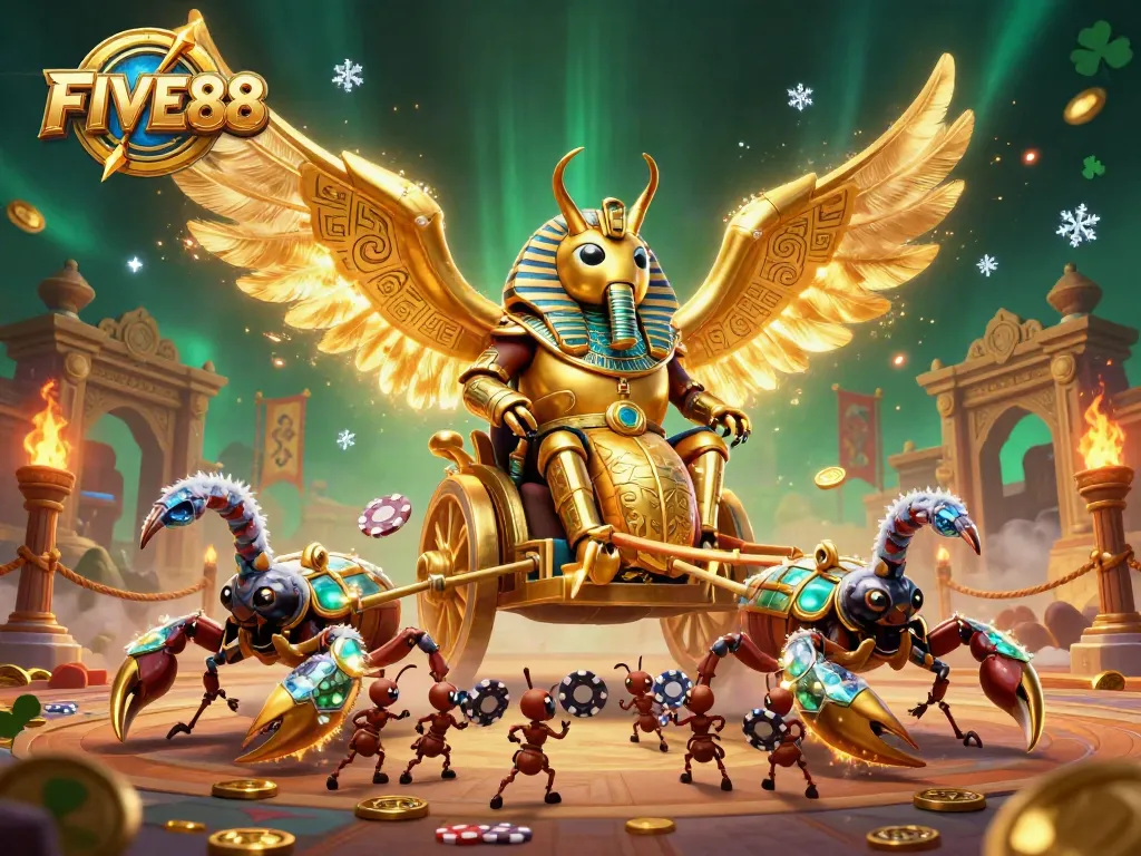 Experience the excitement of FIVE88 with a majestic beetle and scorpions amid a vibrant casino scene.