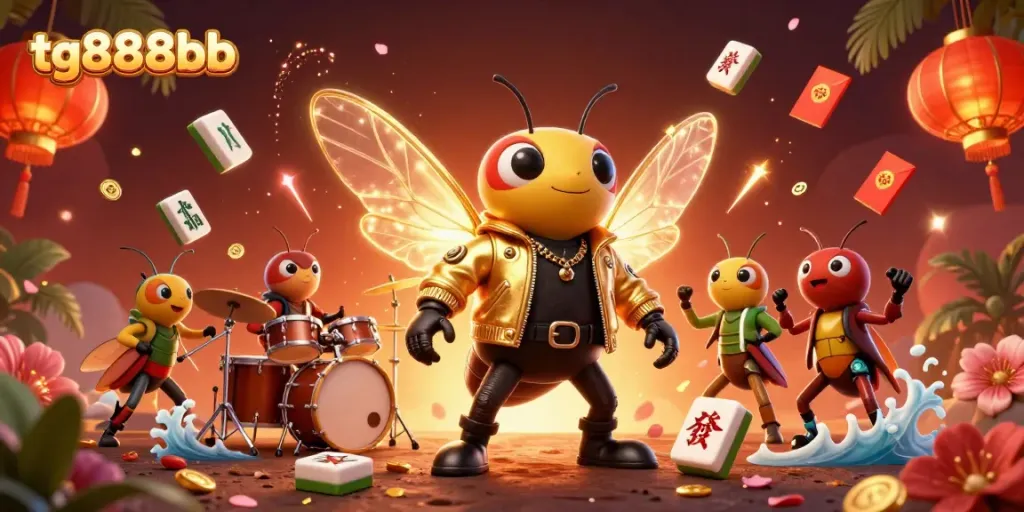 Experience excitement at tg888bb with a rock star cicada, drummer beetle, and lively casino elements.