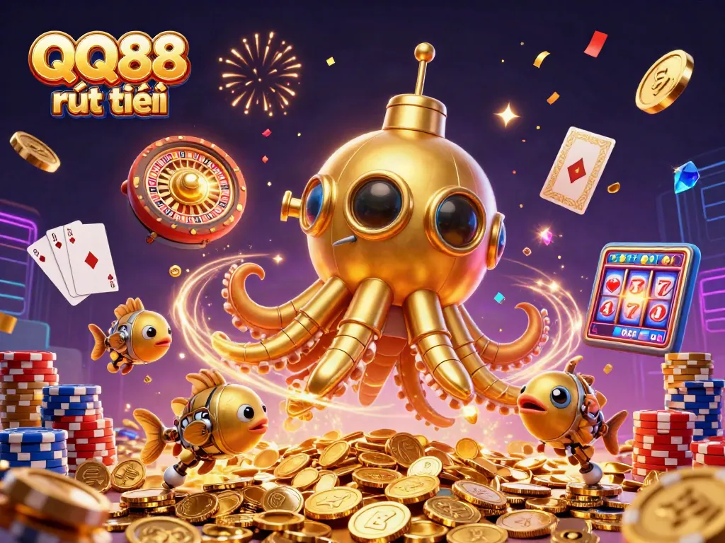 Engage in QQ88 rút tiền with a dynamic 3D casino scene featuring a kraken submarine and vibrant elements.