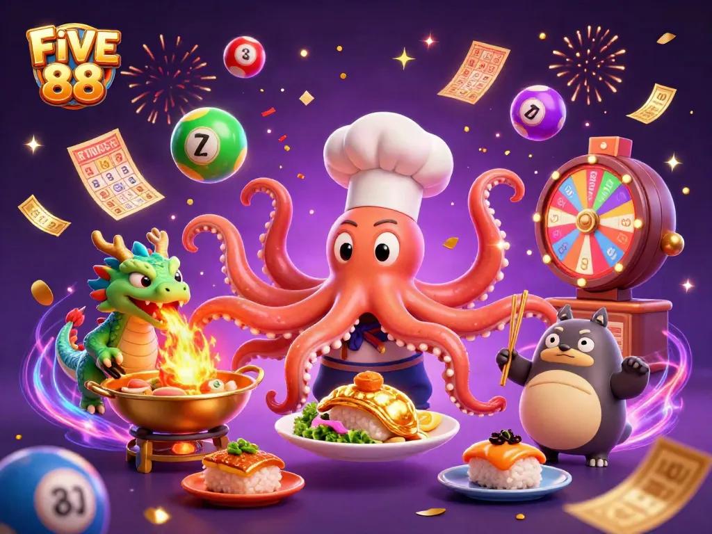 Catch exciting gameplay at FIVE 88 featuring an animated octopus chef, dragon, and colorful lottery elements.