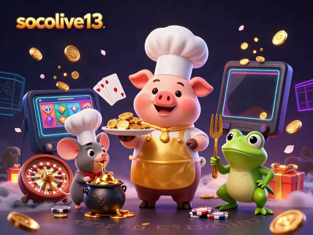 Socolive13 captures the excitement of online gambling with a vibrant 3D scene featuring a chef pig serving gold coins, alongside interactive gaming elements.