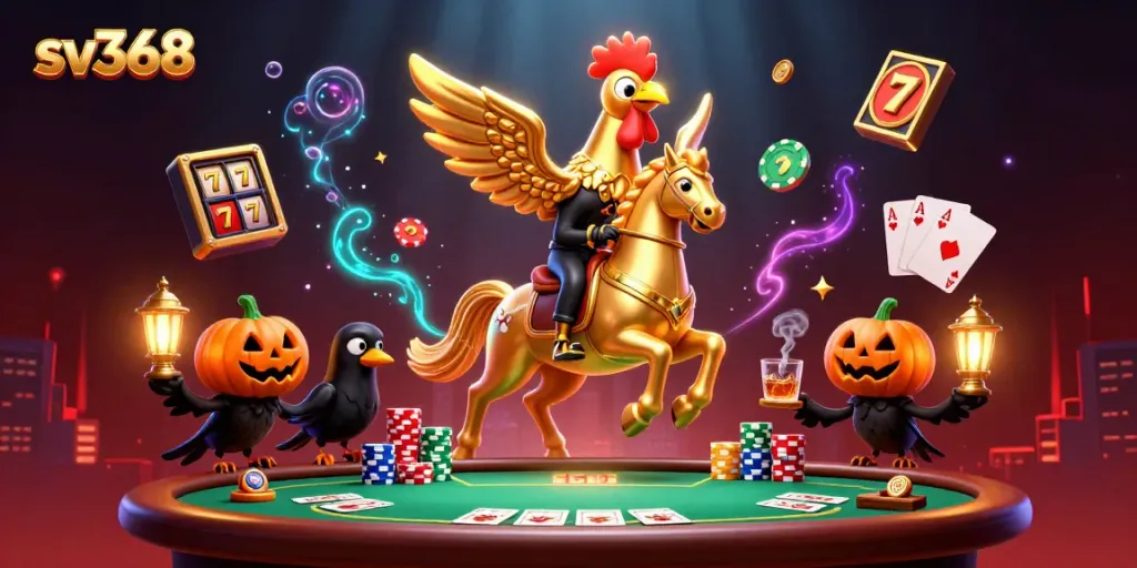 Experience the magic of sv368 with a golden rooster and spectral horse in a vibrant casino scene.