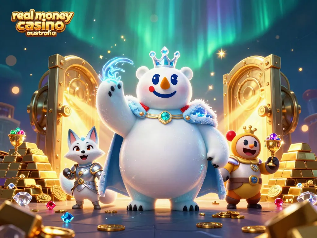 Experience the grandeur of a real money casino Australia with an ice king polar bear and enchanting snow fox amidst treasure and vibrant gems.