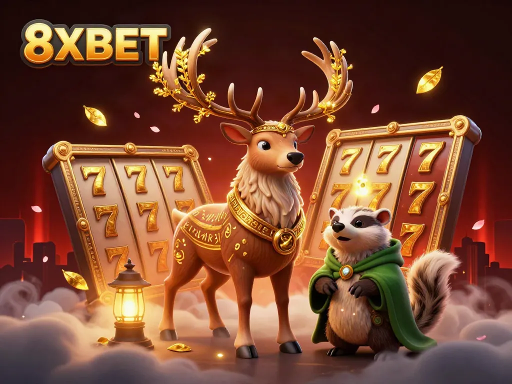 Experience the excitement of 8XBET with a vibrant casino scene featuring a druid stag and intriguing gaming elements.