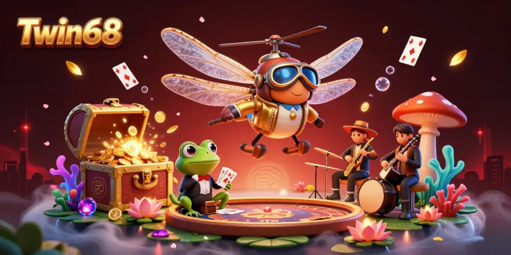 Experience the dazzling gaming world of Twin68, featuring vibrant cartoon characters and casino elements.