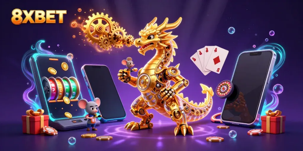 Engage with 8XBET's vibrant gaming scene featuring a golden dragon and dynamic slot elements.