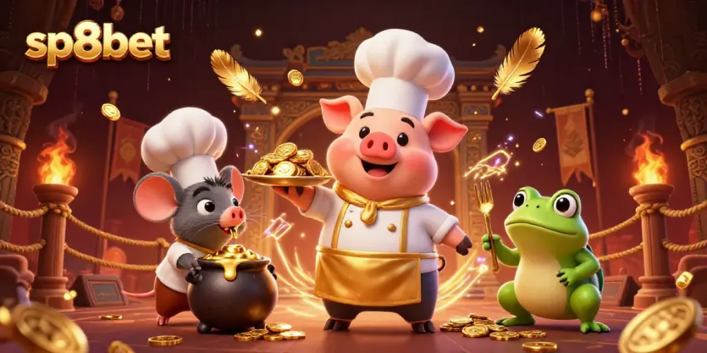 Engage in the excitement of sp8bet with a gourmet feast of gold coins, vivid casino themes, and animated characters.