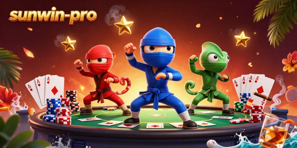 Engage with sunwin-pro as three chameleon ninjas showcase poker skills in a vibrant 3D scene.