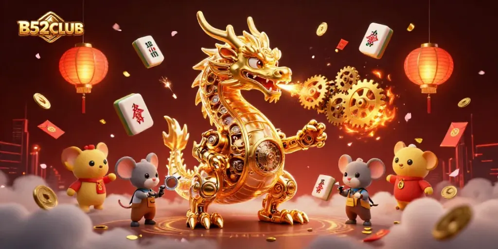 Engage with B52CLUB through this vibrant 3D illustration showcasing a golden dragon and casino elements.