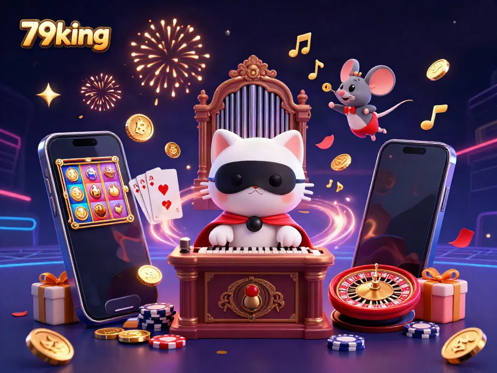Experience 79king's vibrant casino action with a phantom cat and festive atmosphere.