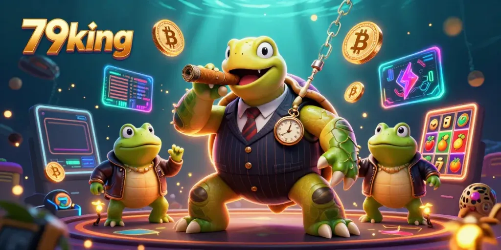Engage with thrilling casino action at 79king featuring a dynamic turtle mobster in a vibrant atmosphere.