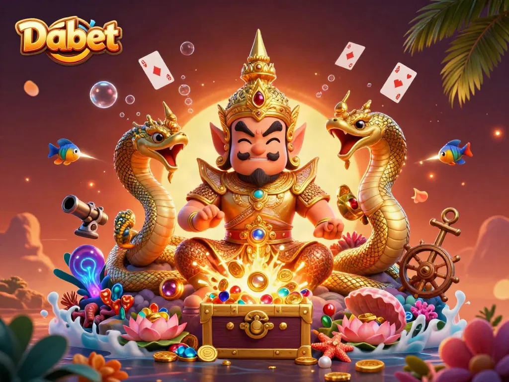 Experience thrilling gameplay with Dabet's vibrant cartoon illustration of guardians and treasures.