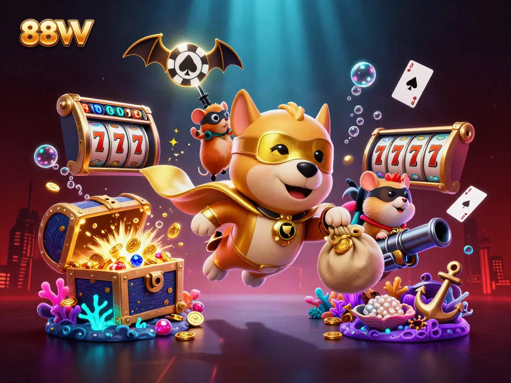 Experience thrilling gameplay with 88VV's vibrant slots and gambling elements showcased in 3D.