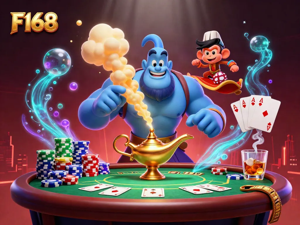 Experience the thrill of F168 with vibrant casino gameplay featuring poker chips and animated characters.