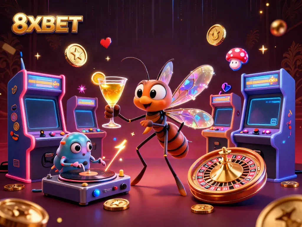 Experience thrilling gaming with vibrant 8XBET characters among colorful arcade machines and casino elements.