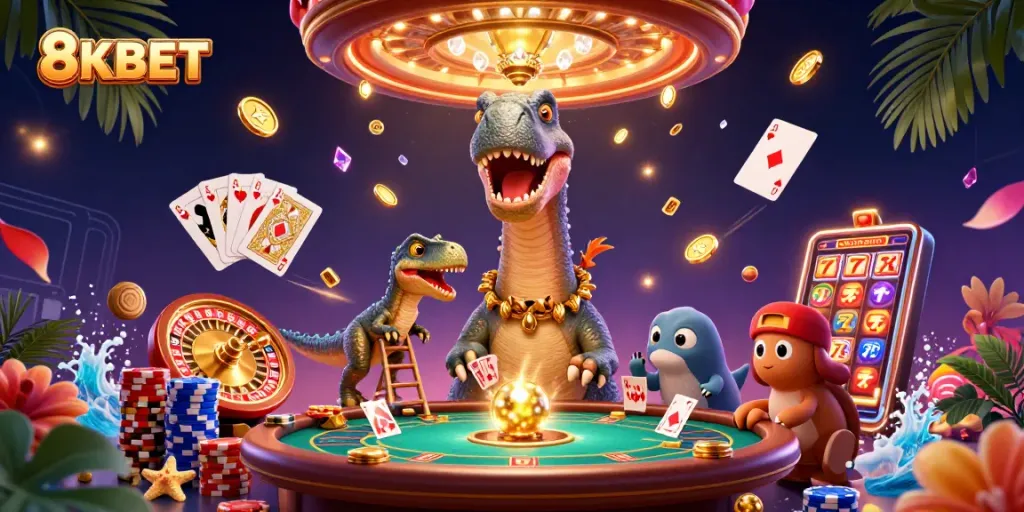 Engage with 8KBET’s vibrant casino experience featuring a brontosaurus and raptor dealing cards.