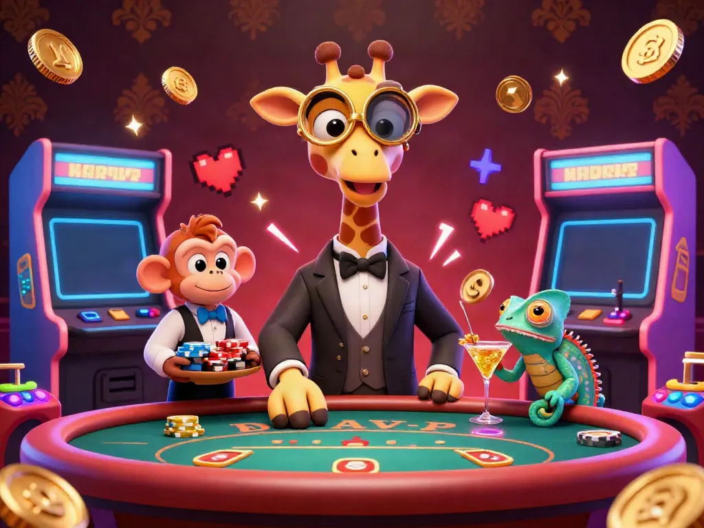 Experience W88 excitement with a high-roller giraffe and vibrant casino elements, bringing the thrill of gaming.