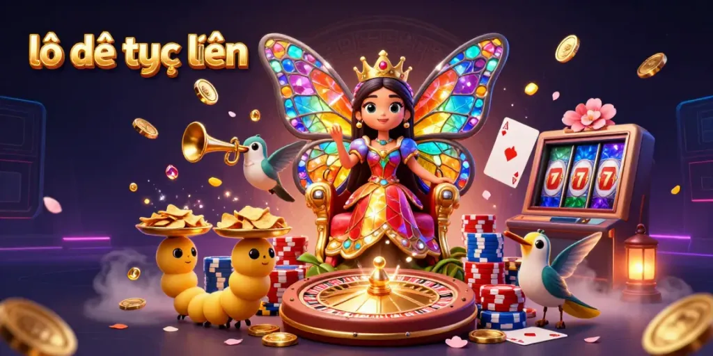 Experience lô đề trực tuyến with a vibrant and rich atmosphere featuring a butterfly queen and casino elements.