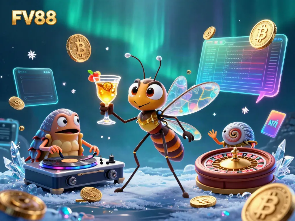 Experience the excitement of FV88 with vibrant casino elements and animated characters in a rich digital illustration.