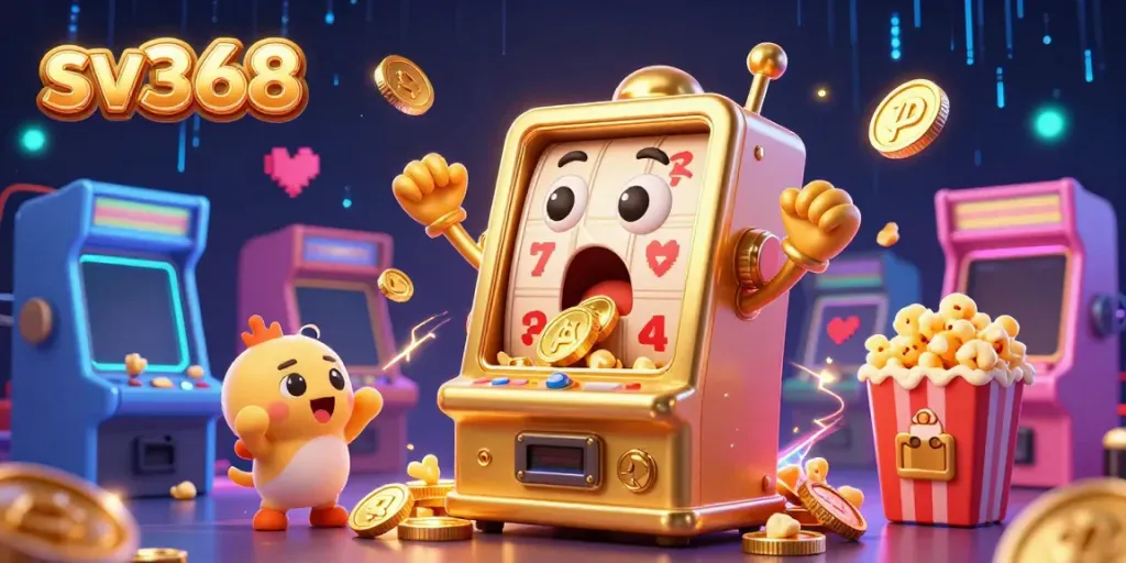 Witness the thrilling jackpot moment at sv368 as a golden slot machine bursts with coins while smaller machines celebrate.