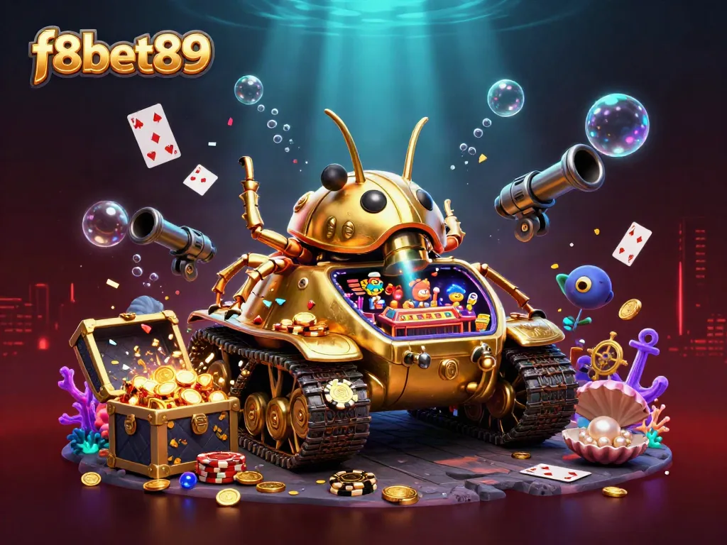 Experience the excitement at f8bet89 with a vibrant 3D casino tank illustration.
