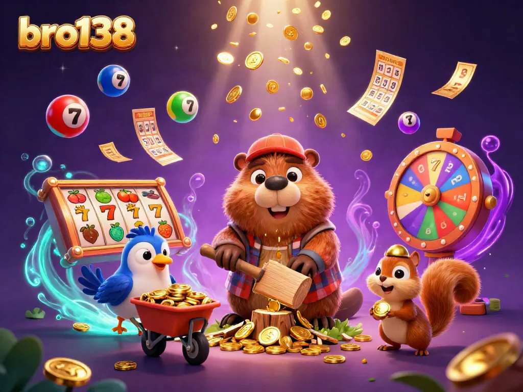 Engage with bro138 by exploring vibrant slots and golden coins raining down in a dynamic 3D casino scene.