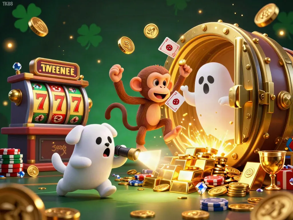 Engage with TK88 by experiencing a dynamic haunted casino scene featuring a mischievous monkey and a ghost-hunter puppy.