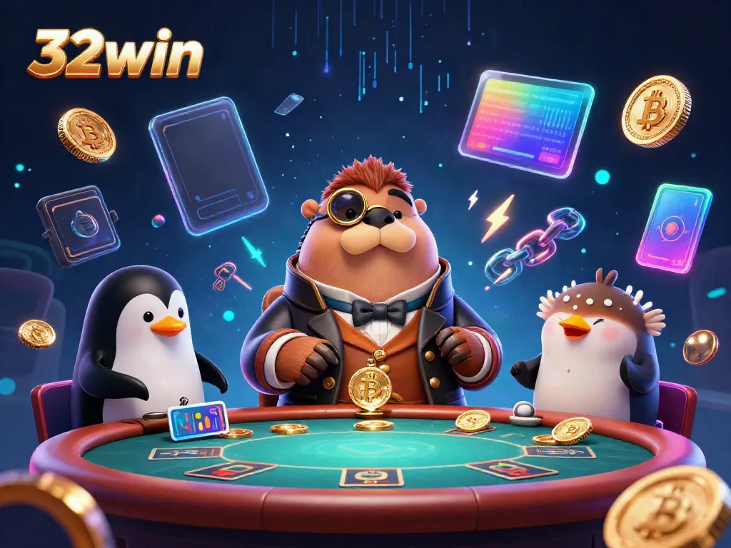 Experience the thrill of 32win with a jolly walrus at the underwater poker table surrounded by crypto elements.