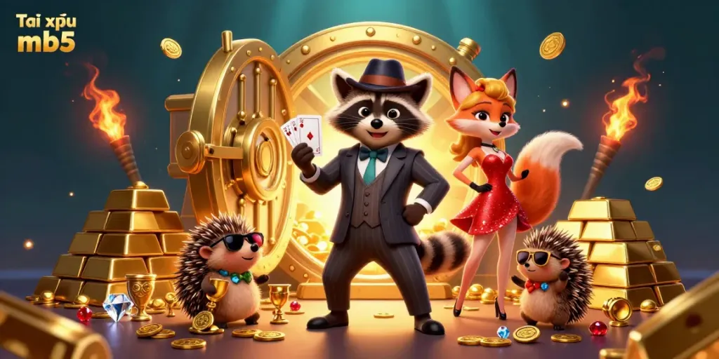 Experience the excitement of Tài xỉu mb5 with a charming raccoon and vibrant treasures in a casino scene.