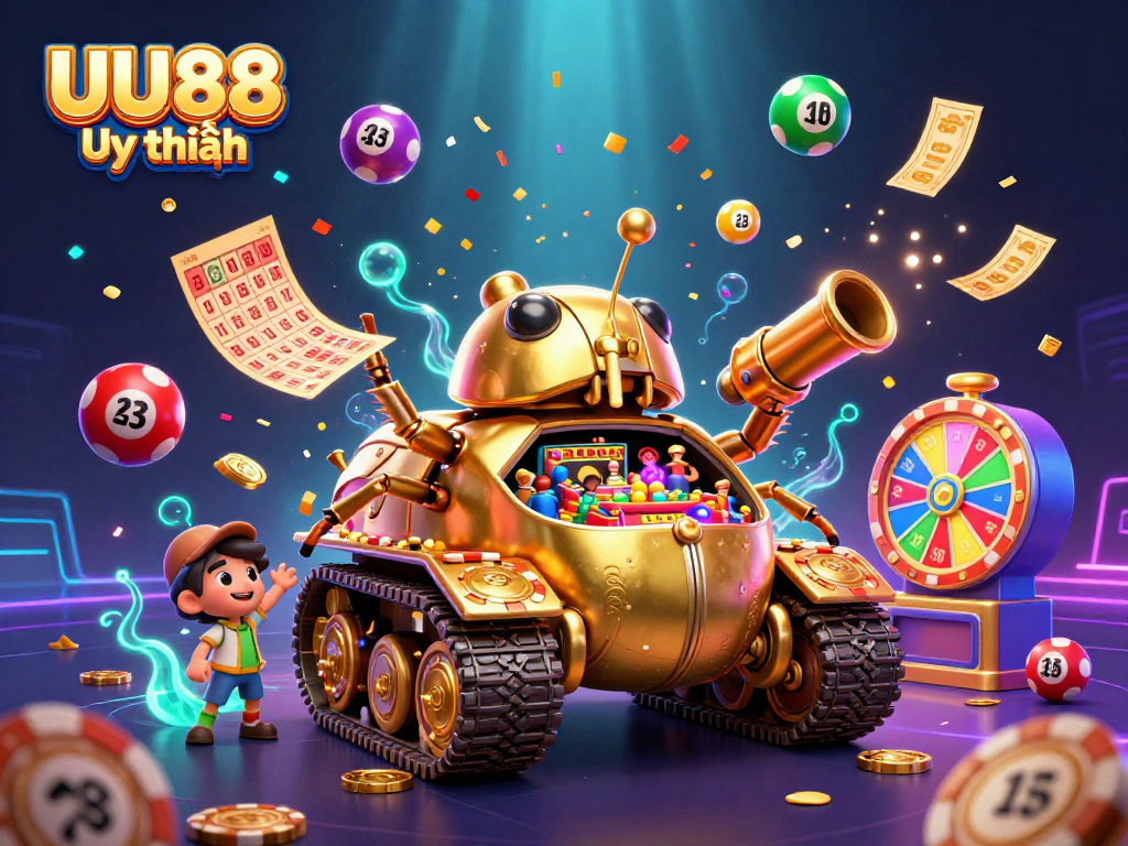 Experience the excitement of UU88 Uy tín with a vibrant casino scene featuring lottery balls and dynamic prizes.
