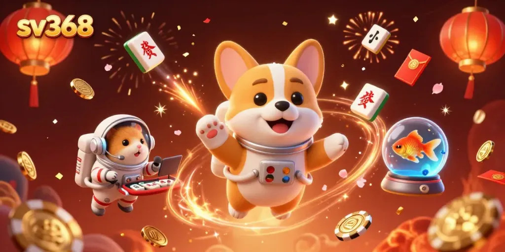Experience the thrill of sv368 with a playful astronaut corgi in a floating casino, surrounded by vibrant gaming elements.