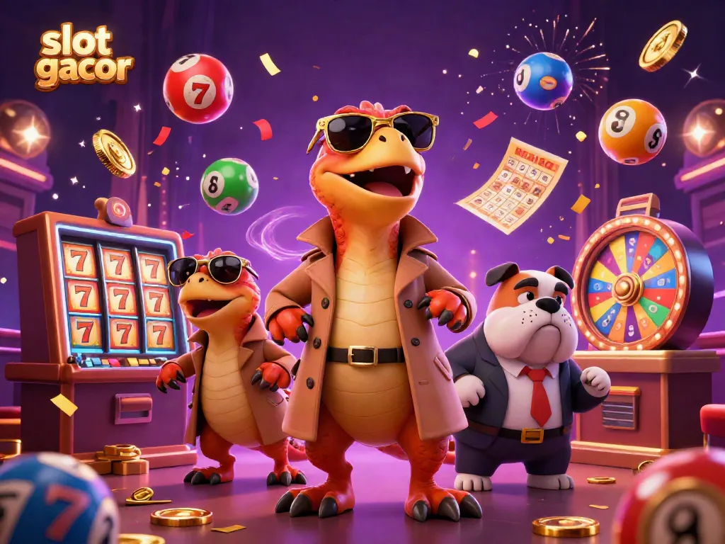 Experience the excitement of slot gacor with animated raptors in a trench coat trying to enter a VIP lounge.