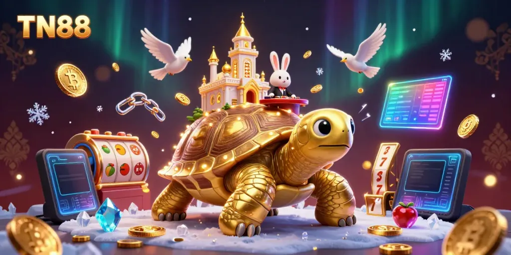 Engage with exciting slots at TN88, featuring a whimsical 3D turtle casino with vibrant dealers and flying coins.