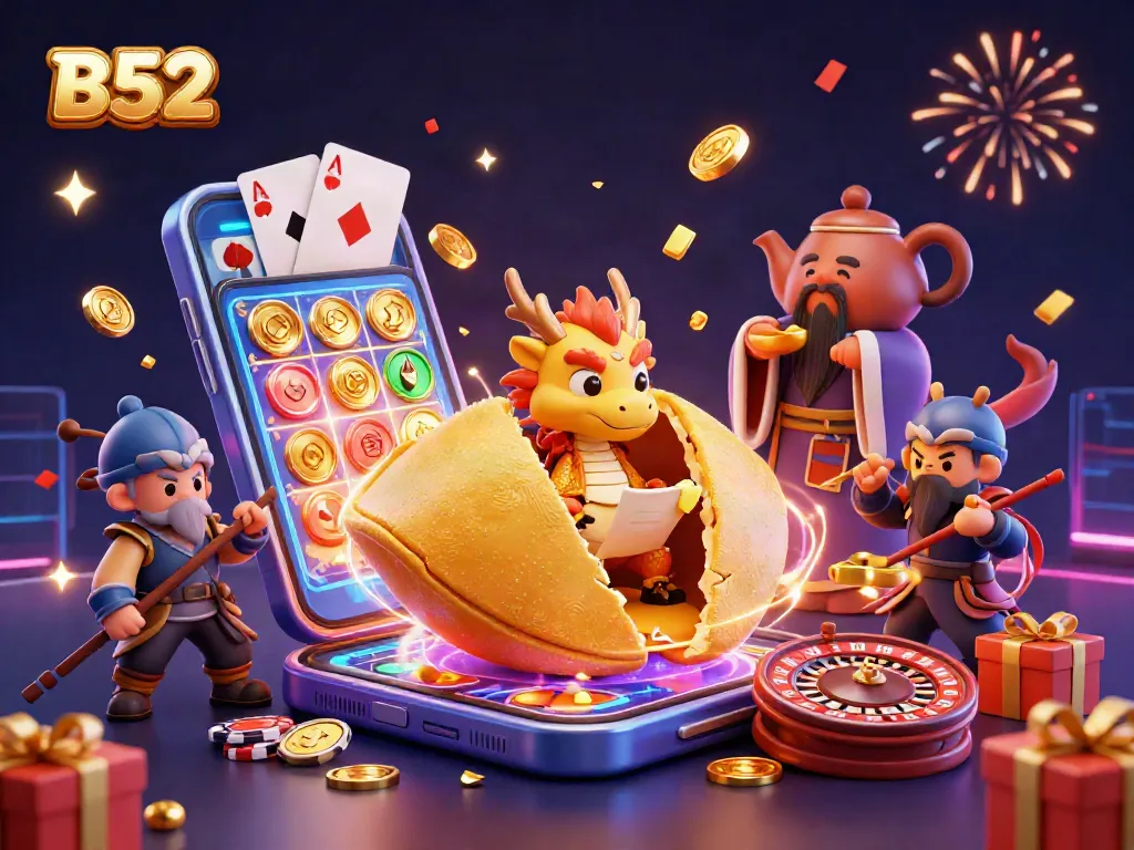 B52 gamblers enjoy a vibrant scene with a golden fortune cookie and lively game elements.