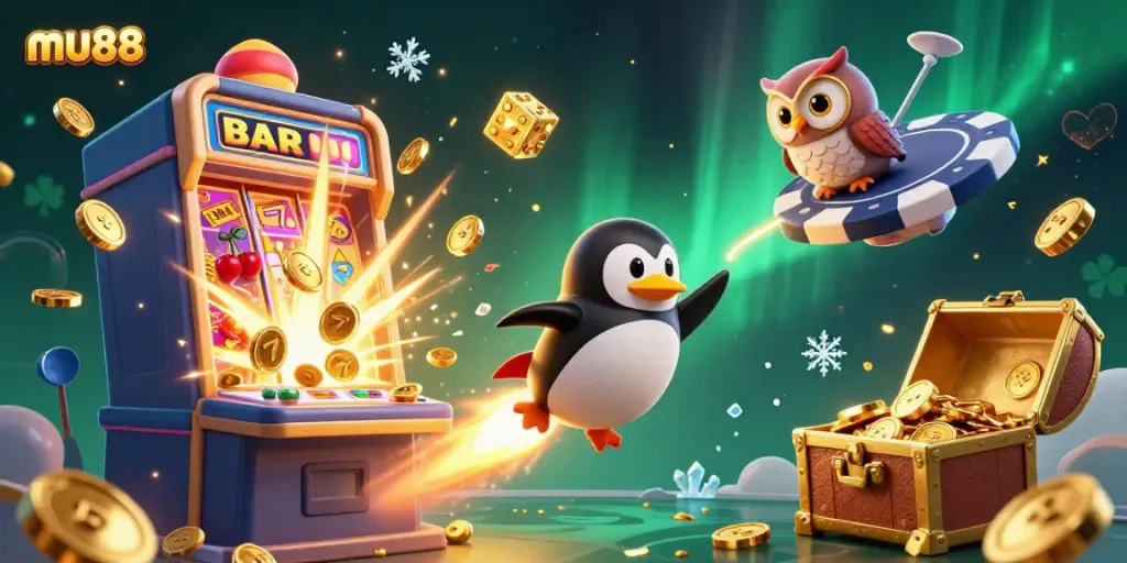 Engage in exciting casino adventures with mu88, featuring a golden penguin and jackpot elements in a dynamic 3D scene.