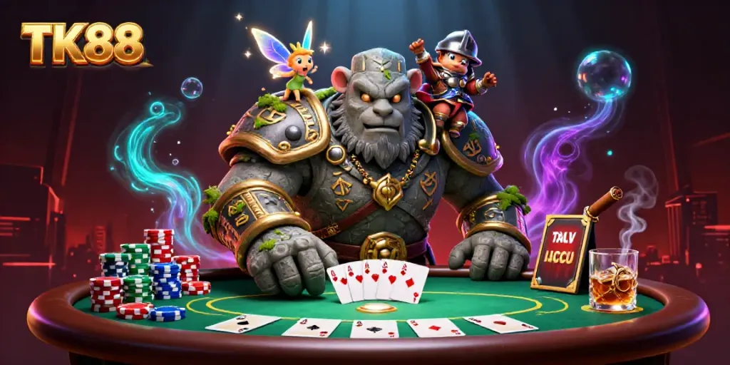Engage with TK88's vibrant 3D casino scene featuring a stone golem, fairy, and hamster knight surrounded by poker paraphernalia.