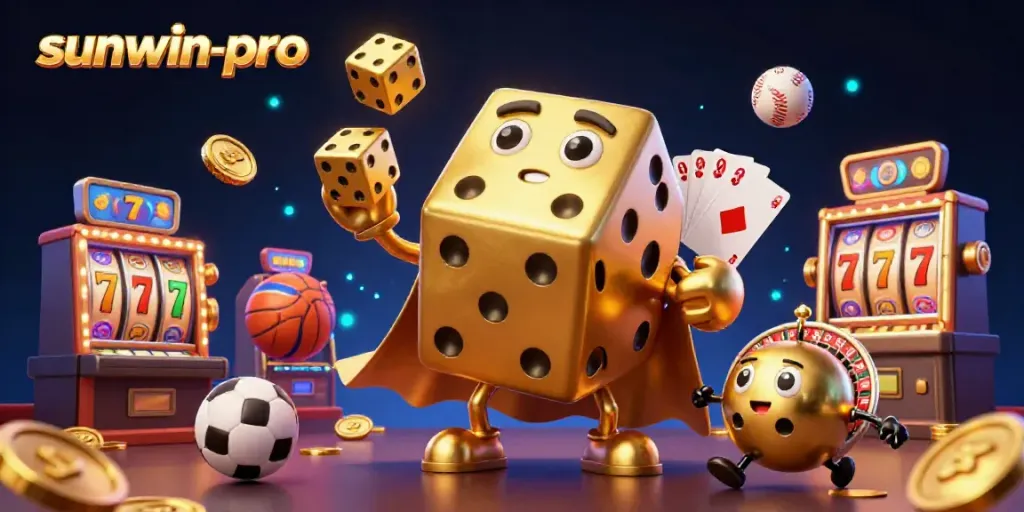 Experience the excitement of sunwin-pro with a vibrant illustration of a dice golem, slot elements, and dynamic sports balls.